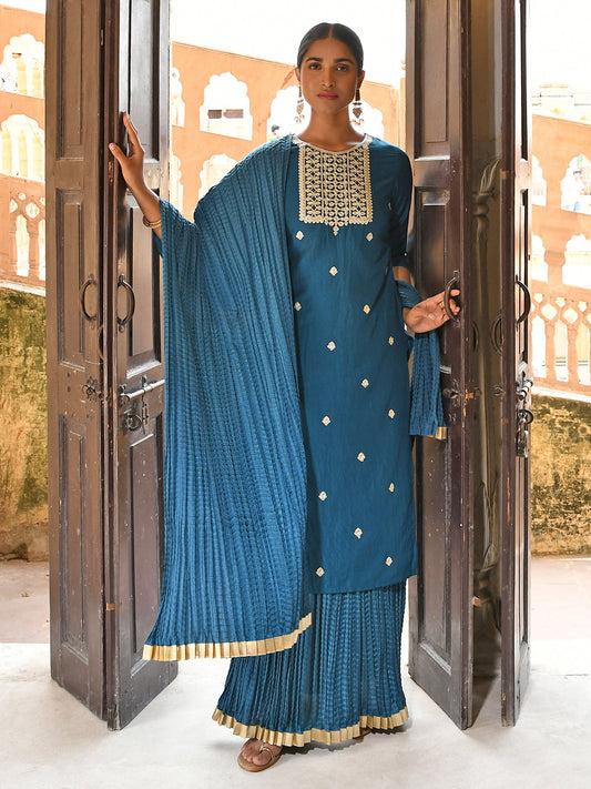Janasya Women's Teal Blue Chinon Embroidered Kurta With Skirt And Dupatta | Swadesiicart
