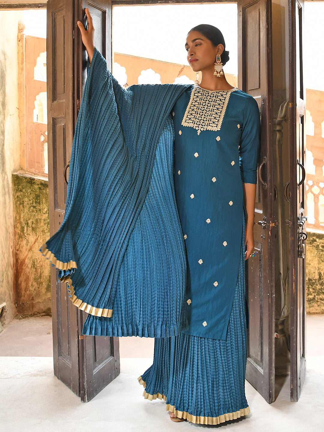 Janasya Women's Teal Blue Chinon Embroidered Kurta With Skirt And Dupatta | Swadesiicart