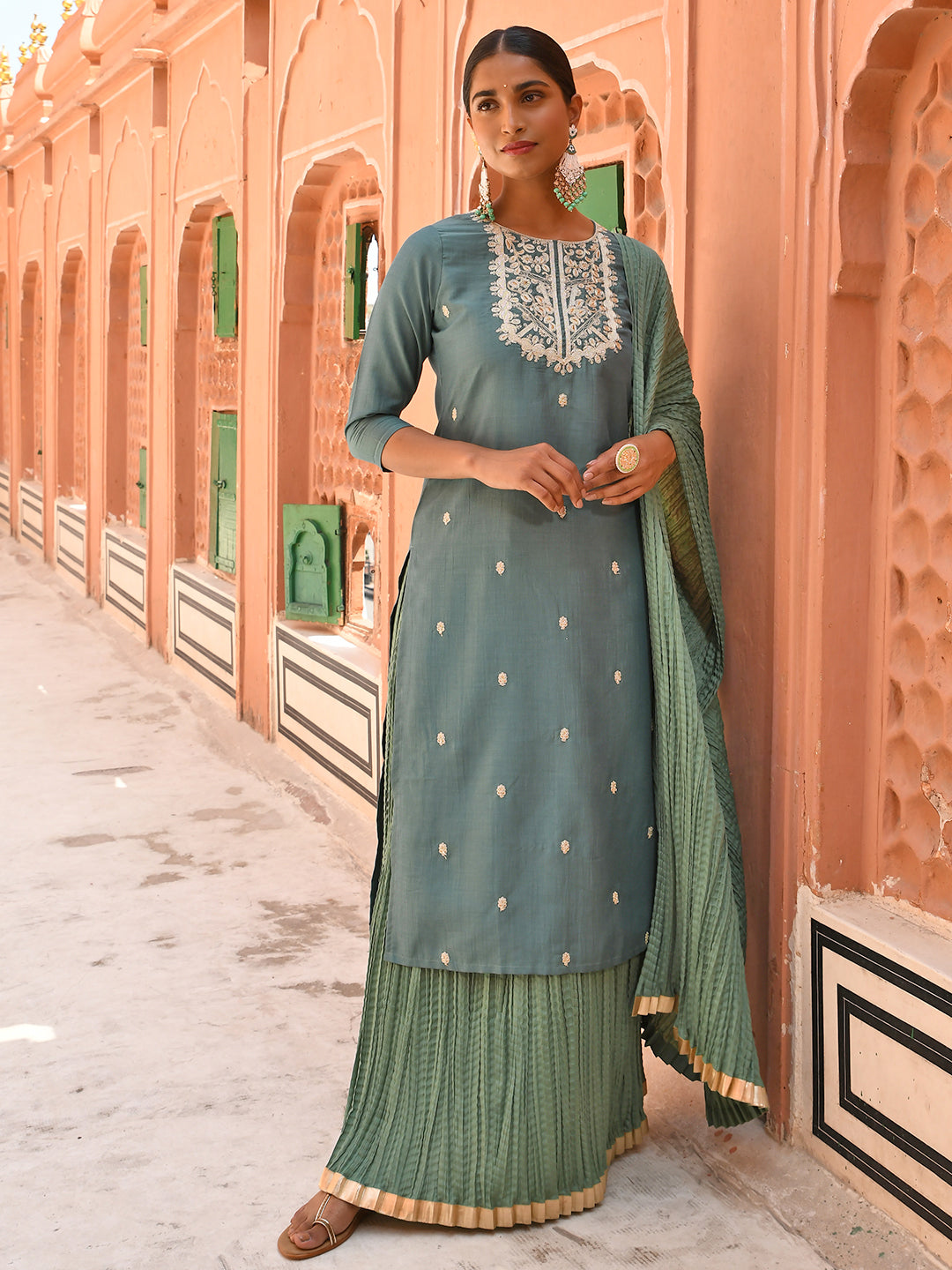 Janasya Women's Green Chinon Embroidered Kurta With Skirt And Dupatta | Swadesiicart