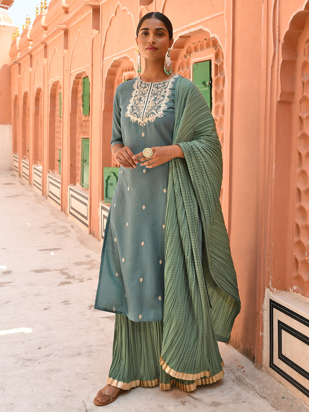 Janasya Women's Green Chinon Embroidered Kurta With Skirt And Dupatta | Swadesiicart