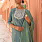 Janasya Women's Green Chinon Embroidered Kurta With Skirt And Dupatta | Swadesiicart
