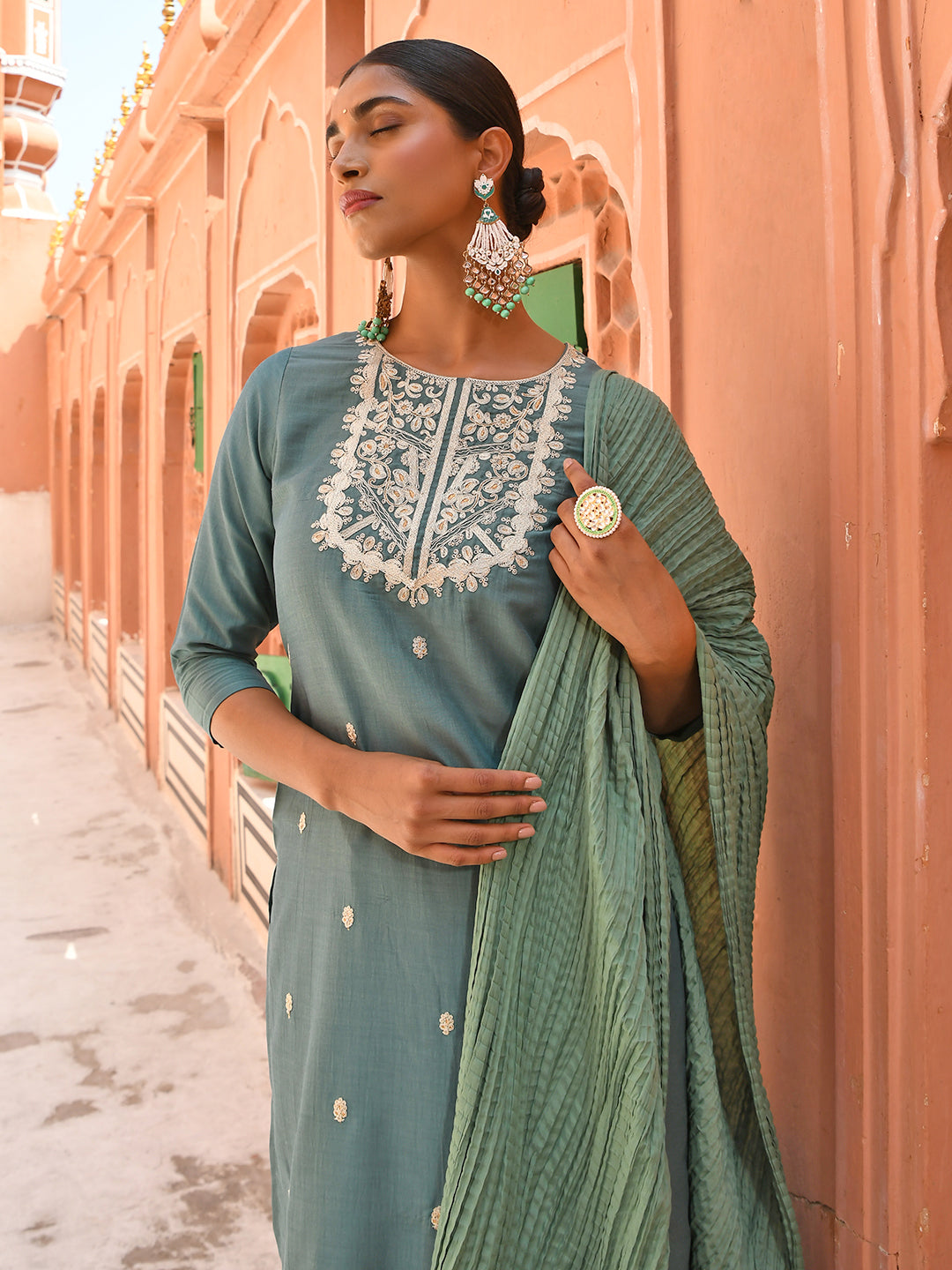 Janasya Women's Green Chinon Embroidered Kurta With Skirt And Dupatta | Swadesiicart