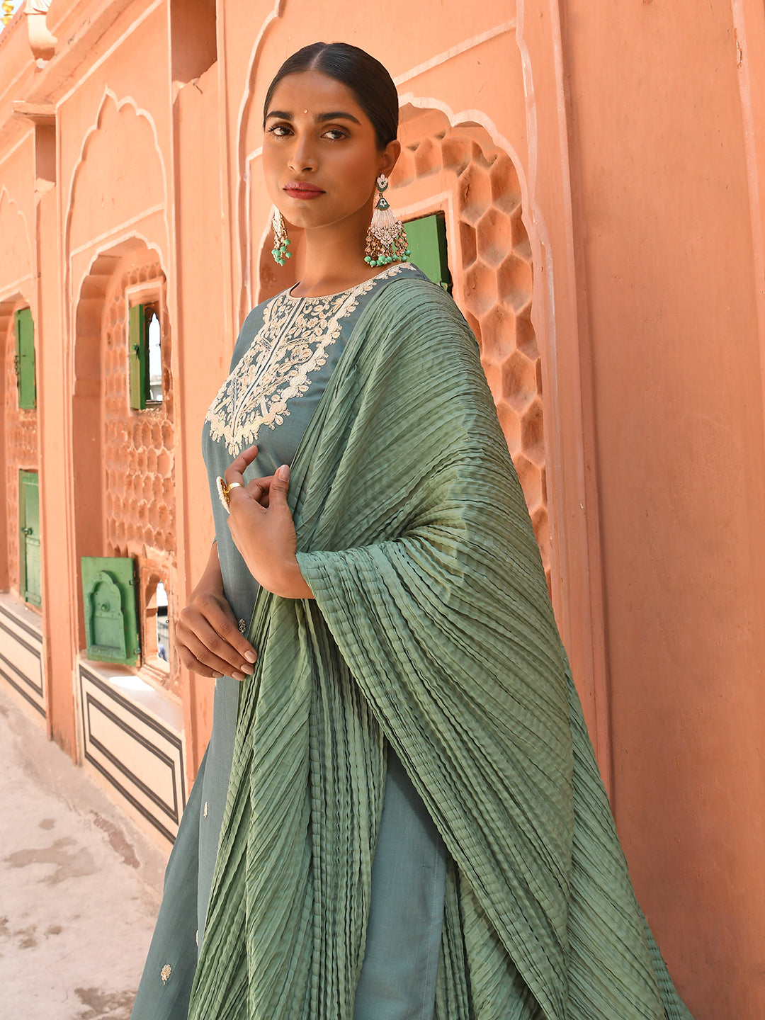 Janasya Women's Green Chinon Embroidered Kurta With Skirt And Dupatta | Swadesiicart