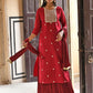 Janasya Women's Maroon Chinon Embroidered Kurta With Skirt And Dupatta | Swadesiicart