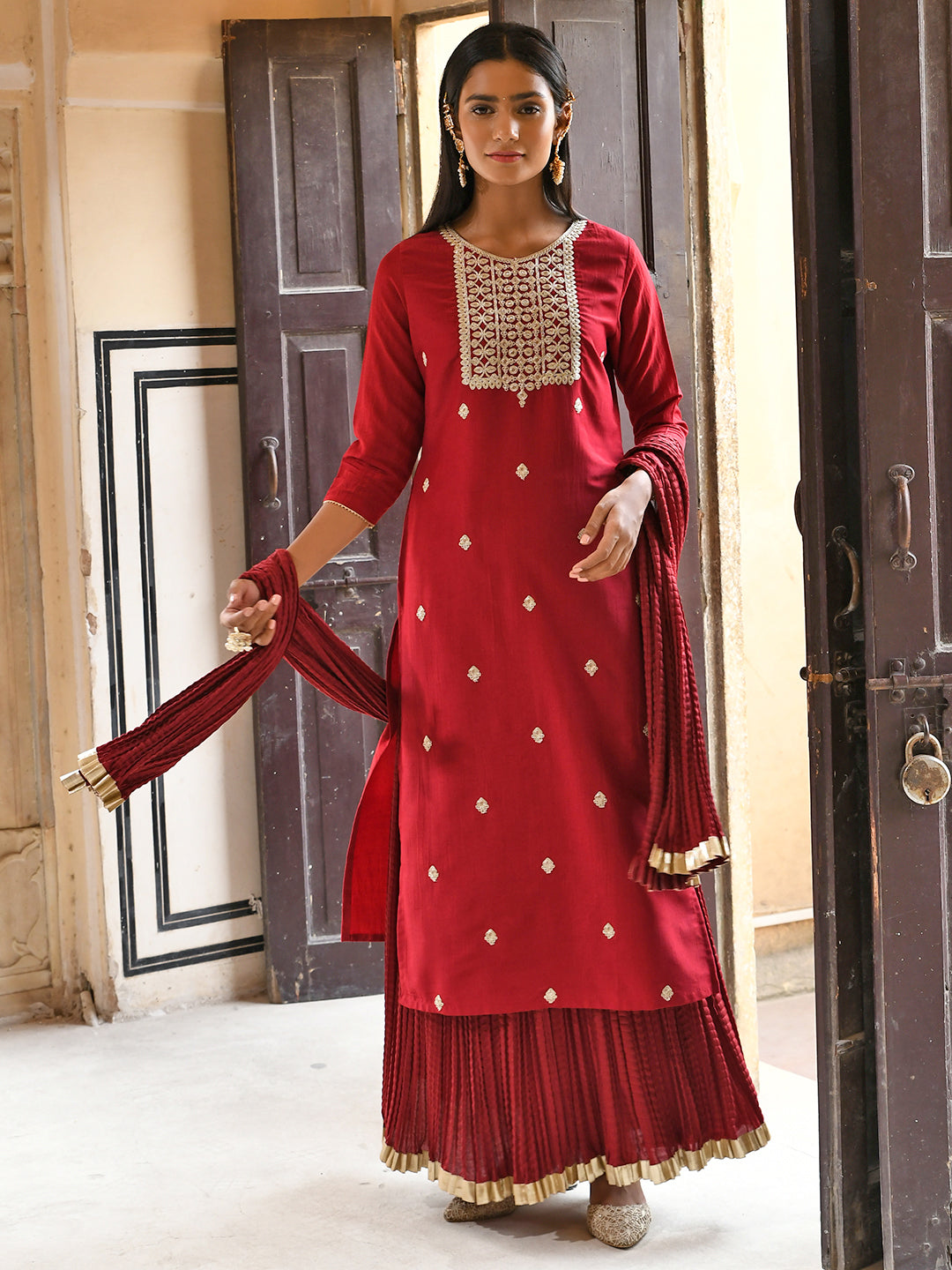 Janasya Women's Maroon Chinon Embroidered Kurta With Skirt And Dupatta | Swadesiicart
