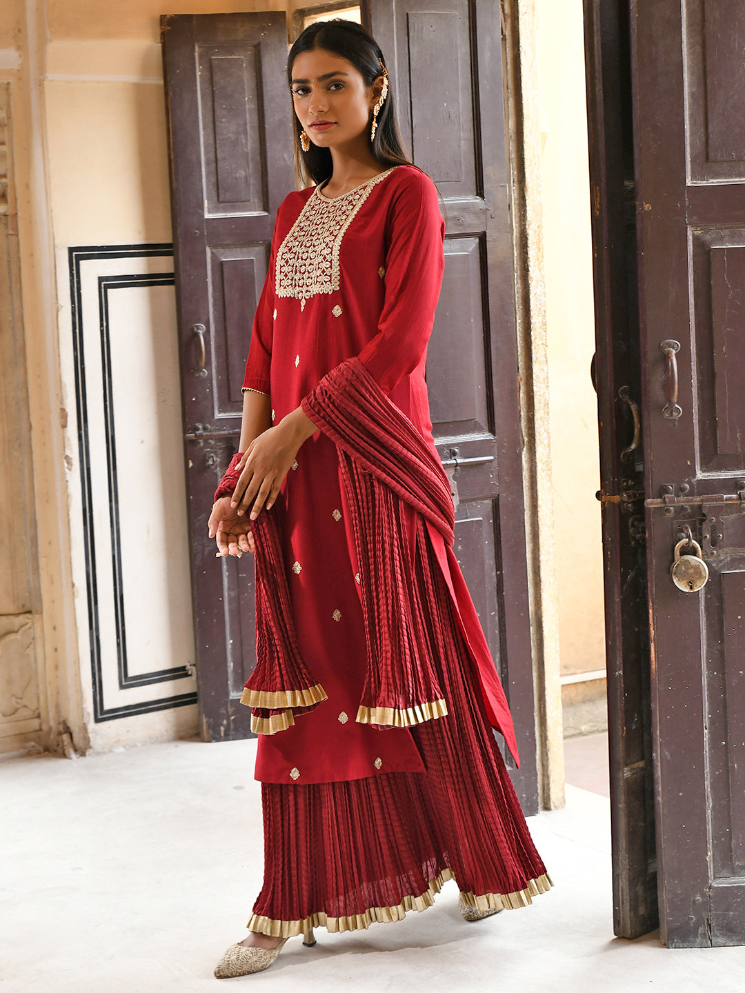 Janasya Women's Maroon Chinon Embroidered Kurta With Skirt And Dupatta | Swadesiicart