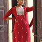 Janasya Women's Maroon Chinon Embroidered Kurta With Skirt And Dupatta | Swadesiicart