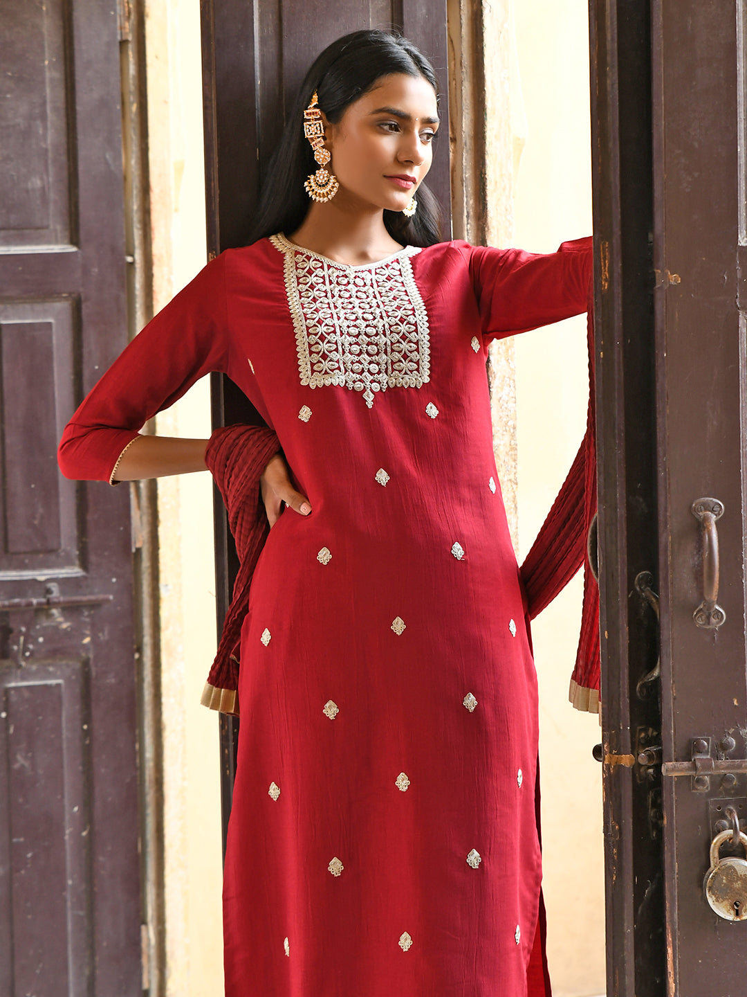 Janasya Women's Maroon Chinon Embroidered Kurta With Skirt And Dupatta | Swadesiicart