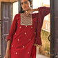 Janasya Women's Maroon Chinon Embroidered Kurta With Skirt And Dupatta | Swadesiicart
