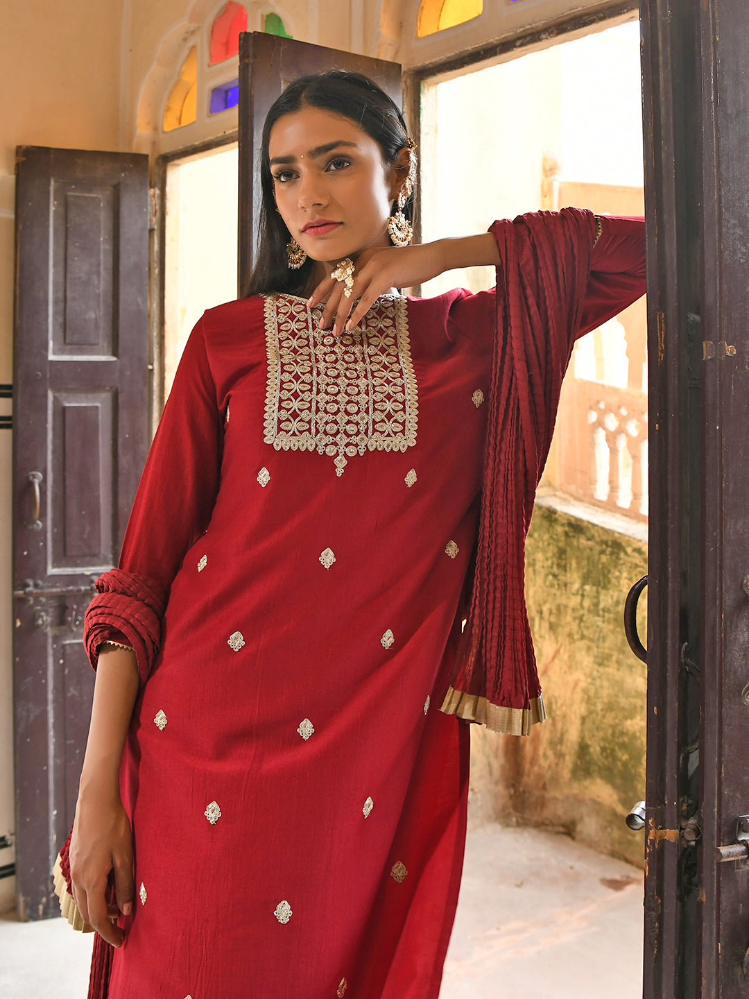 Janasya Women's Maroon Chinon Embroidered Kurta With Skirt And Dupatta | Swadesiicart