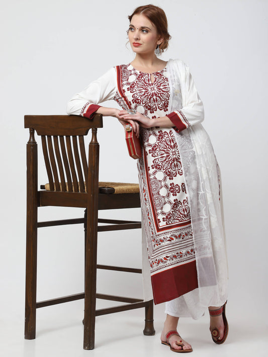 Cheera Kurta With Chikankari Palazzo & Embroidered Dupatta Set (CH092KPD) | Swadesiicart