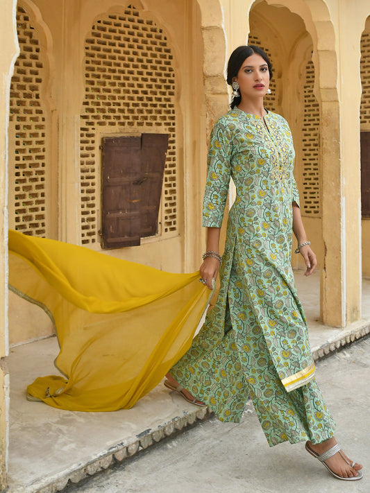 Janasya Women's Light Green Cotton Floral Print Kurta With Flared Palazzo And Dupatta | Swadesiicart
