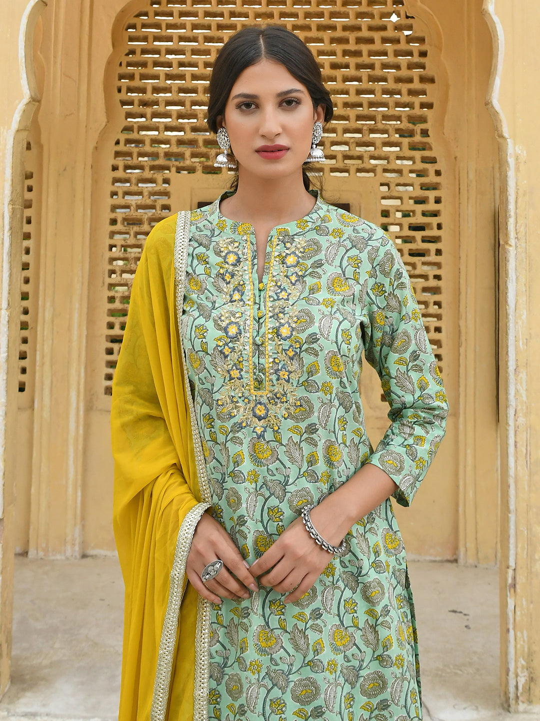 Janasya Women's Light Green Cotton Floral Print Kurta With Flared Palazzo And Dupatta | Swadesiicart