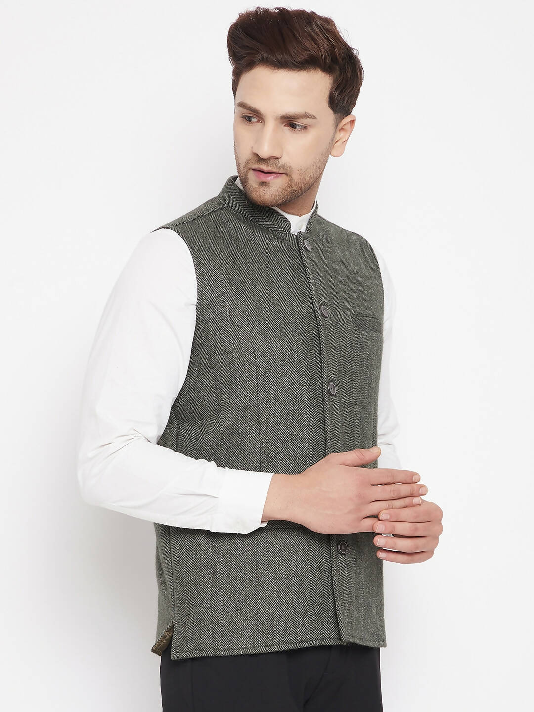 Even Apparels Green Wool Men Woven Nehru Jacket | Swadesiicart