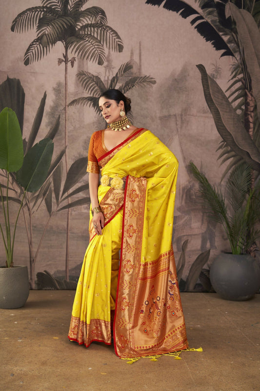 Vishnu Weaves Women's Yellow Paithani Silk Saree with Blouse - Swadesiicart