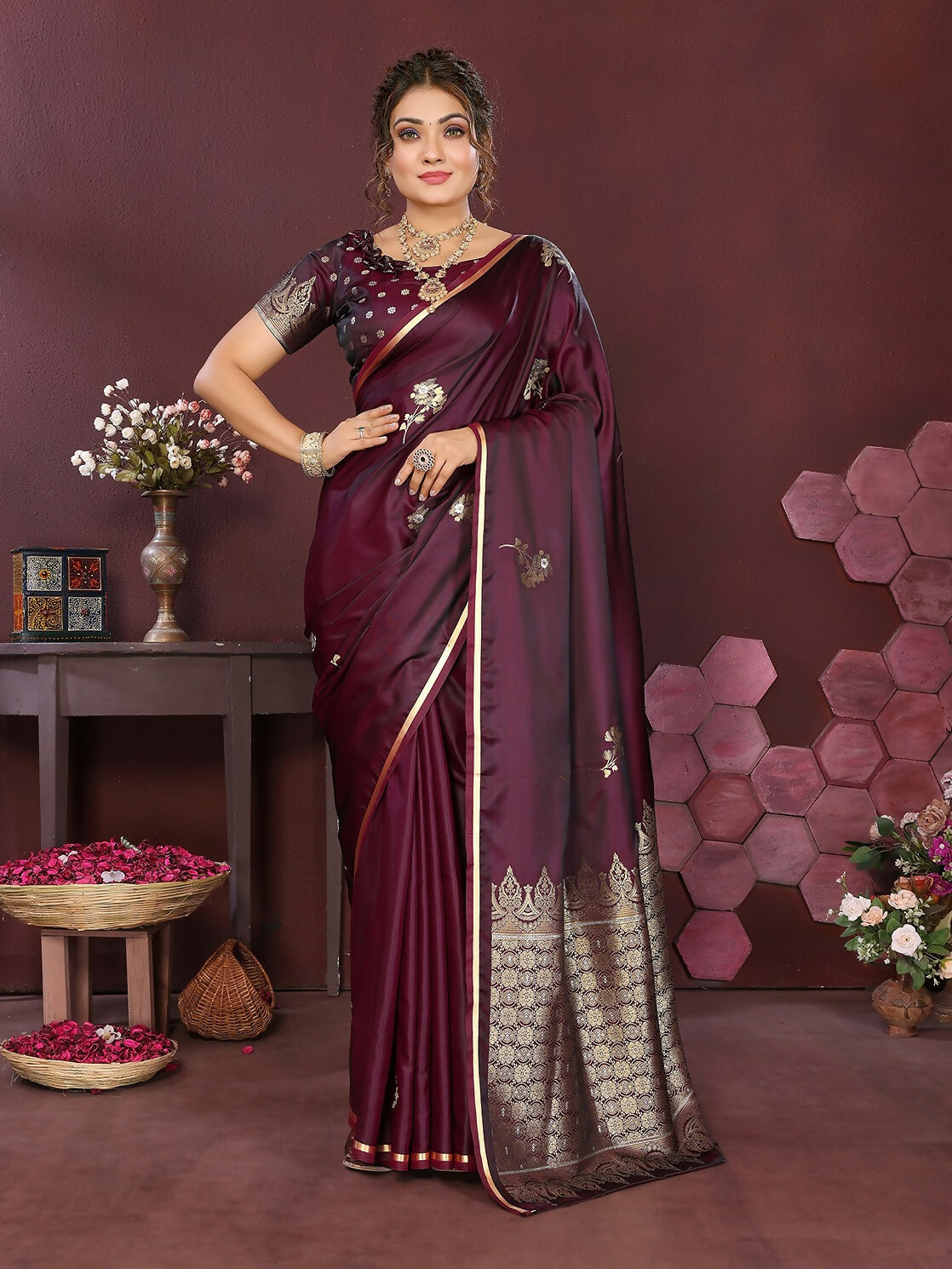 Joban Fashion Wine Floral Banarasi Silk Sarees | Swadesiicart