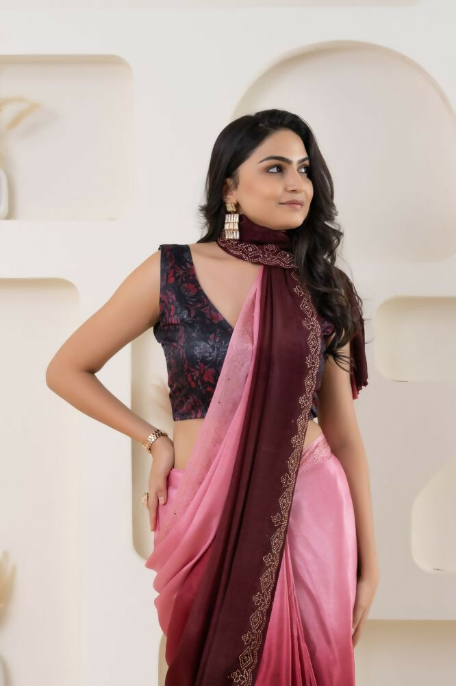 Pink Satin Pedding Designer, Printed Party Wear Ready To Wear Saree - Femina | Swadesiicart