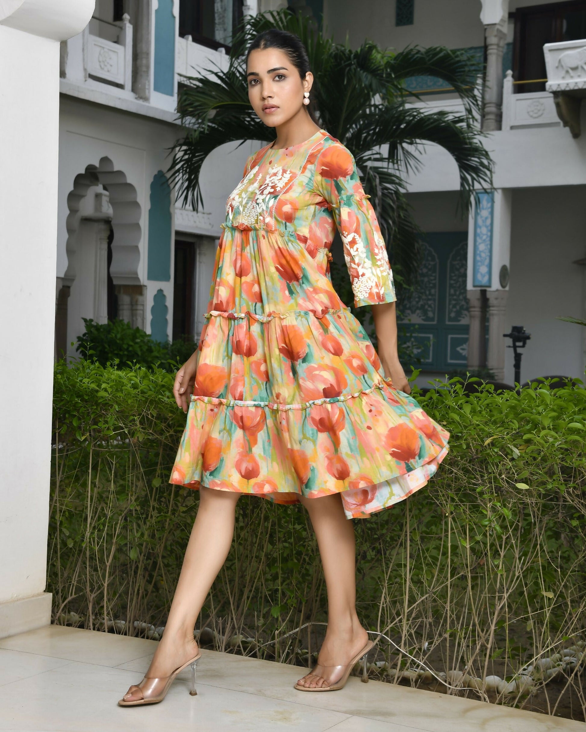 Vaasva Women's Orange Cotton Embroidered& Digital Printed Dress | Swadesiicart