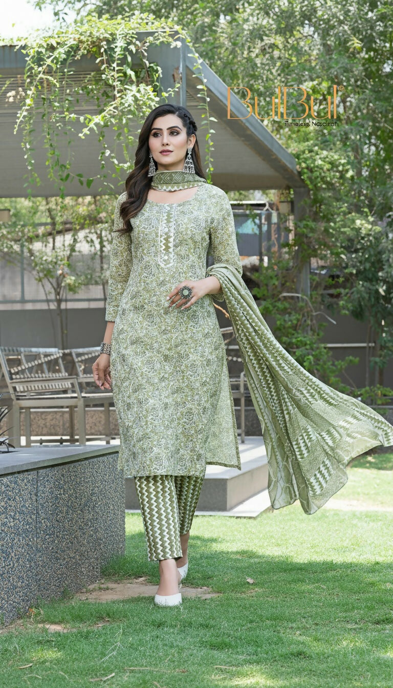 BulBul Fashionista Green Cotton Kurta Set with Dupatta - Swadesiicart