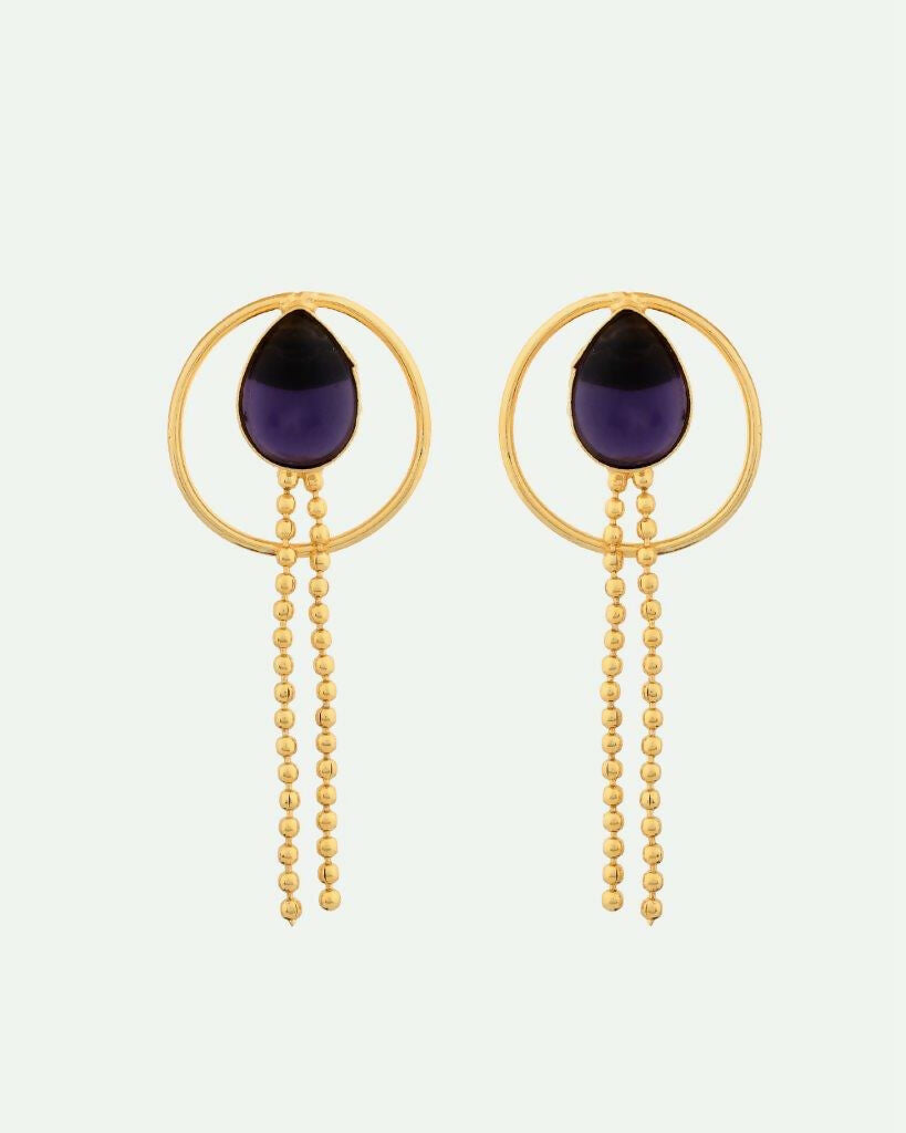 VOJ One Gram Gold-Polished Drop Shaped Black Stone Studded Earrings - Swadesiicart