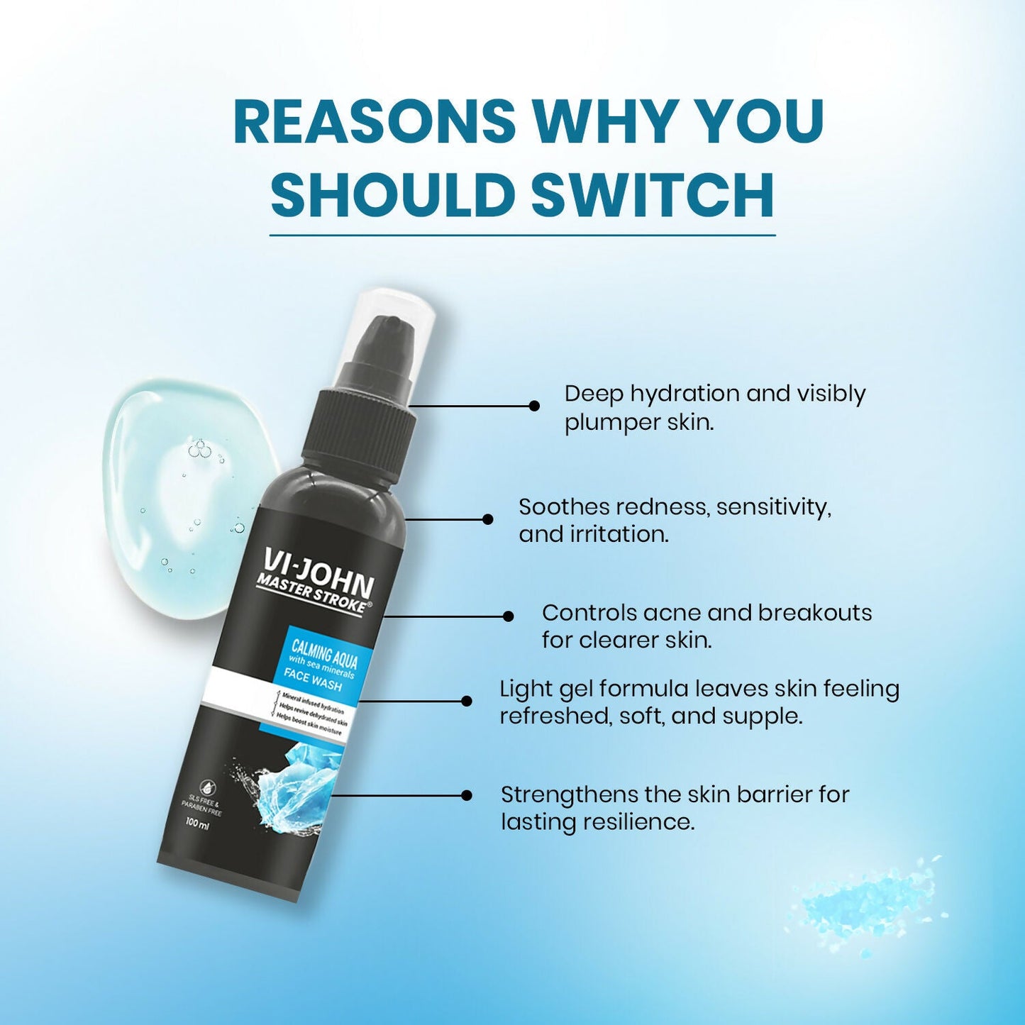 VI-JOHN Master Stroke Calming Aqua Face Wash Deep Hydration And Clearer Skin For All Skin Type | Swadesiicart