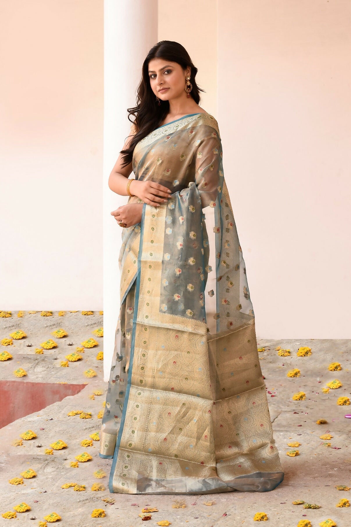 Joban Fashion Grey Pure Banarasi Tissue Saree | Swadesiicart