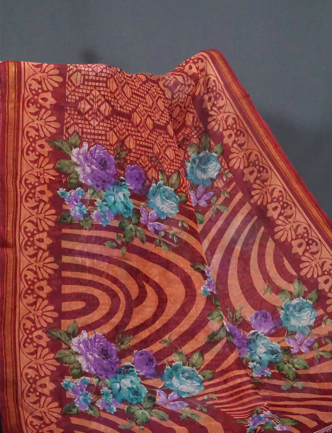 Shades Of Peppy Red Floral Design Semi Chanderi Saree By Gayathri Reddy Designer Studio | Swadesiicart