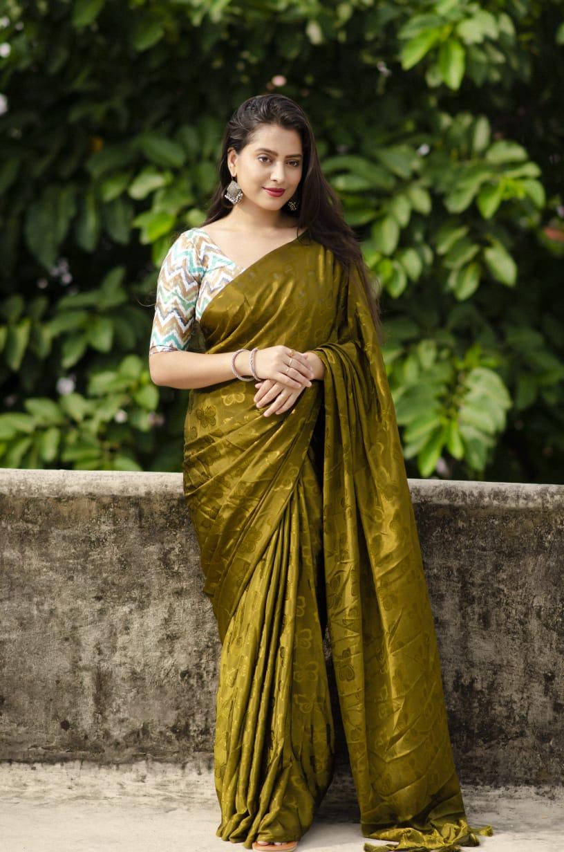 Mehndi Silk Blend Ethnic Motifs Saree with Unstitched Blouse - Hiral Fashion | Swadesiicart