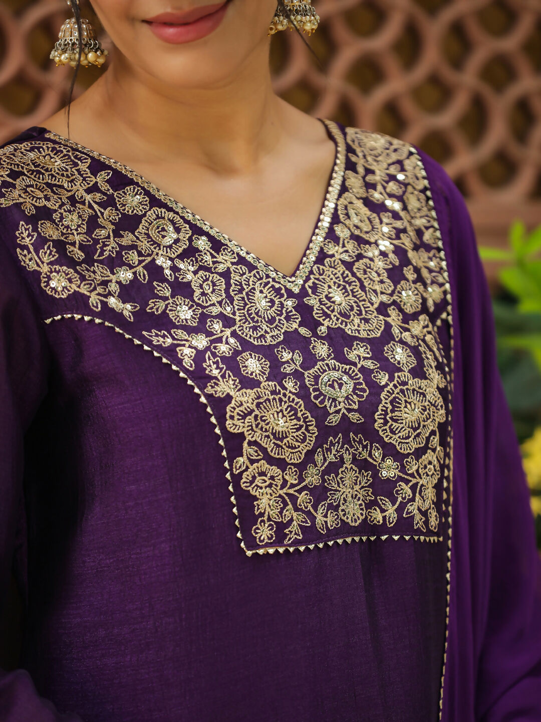 Janasya Purple Silk Blend Yoke Embroidery Kurta,Bottom & Dupatta | Swadesiicart