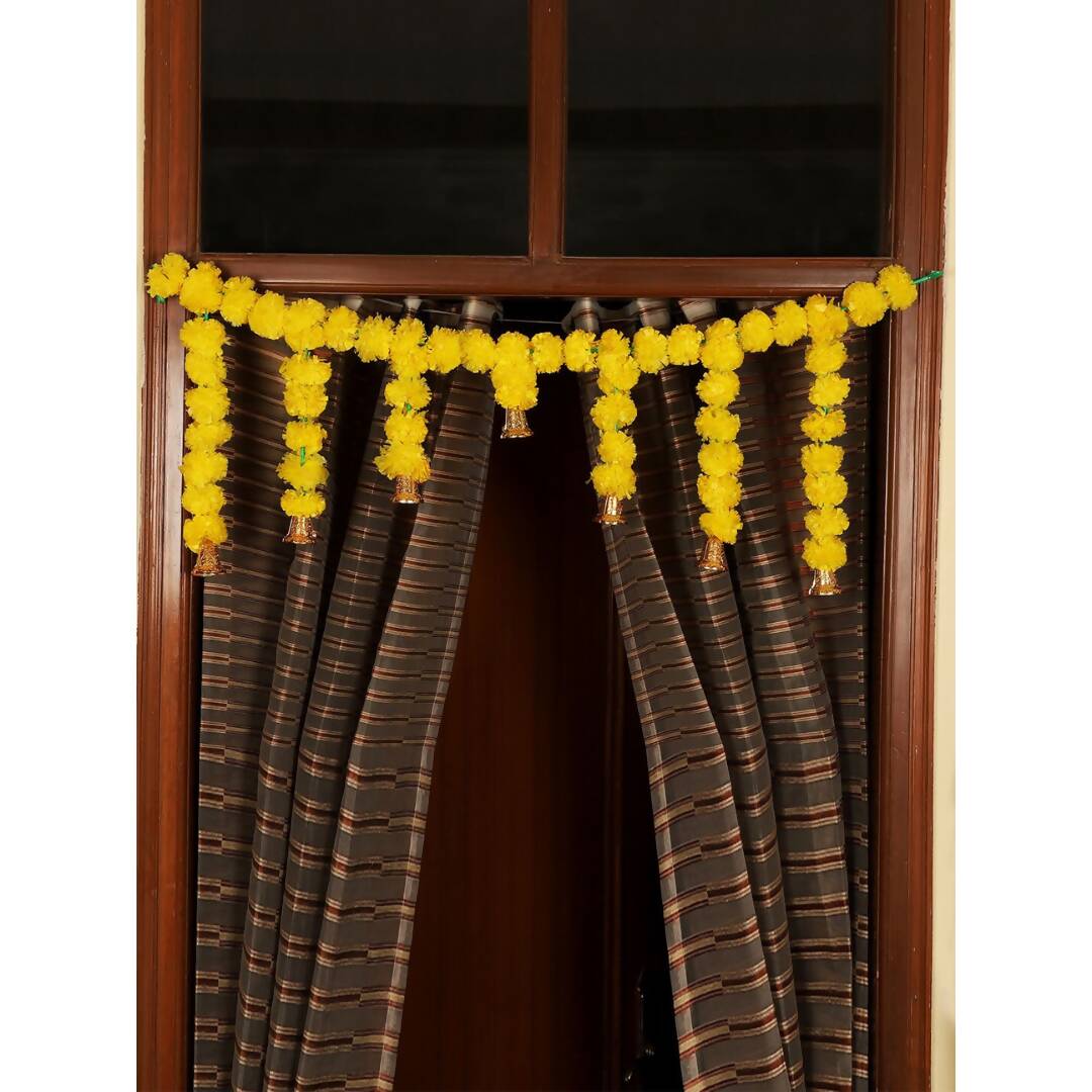 Tied Ribbons Yellow Entrance Hanging Marigold Flowers Bandhanwar Toran Garland with Bells | Swadesiicart