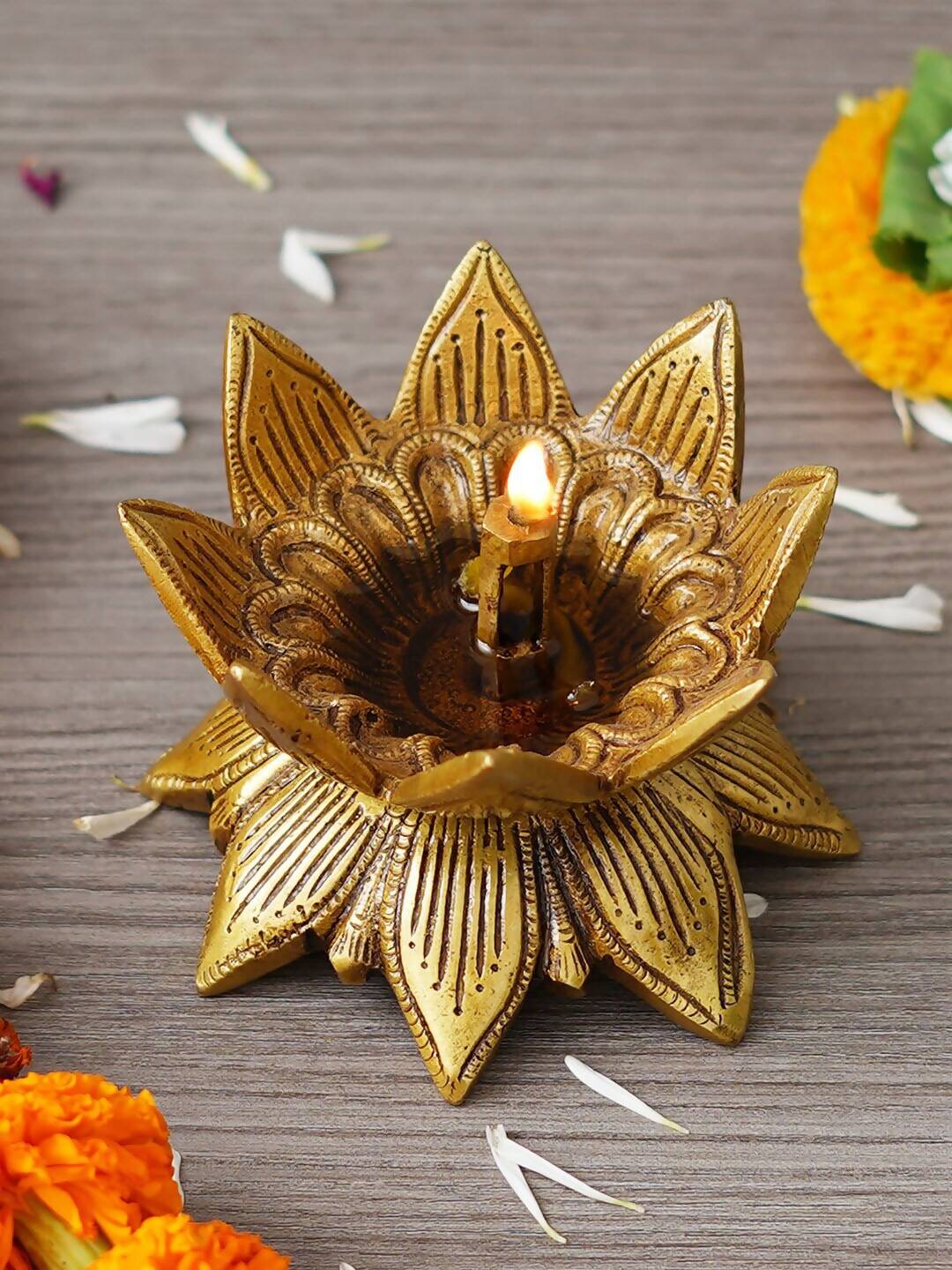 eCraftIndia Gold Toned Lotus Flower Designer Brass Diya | Swadesiicart