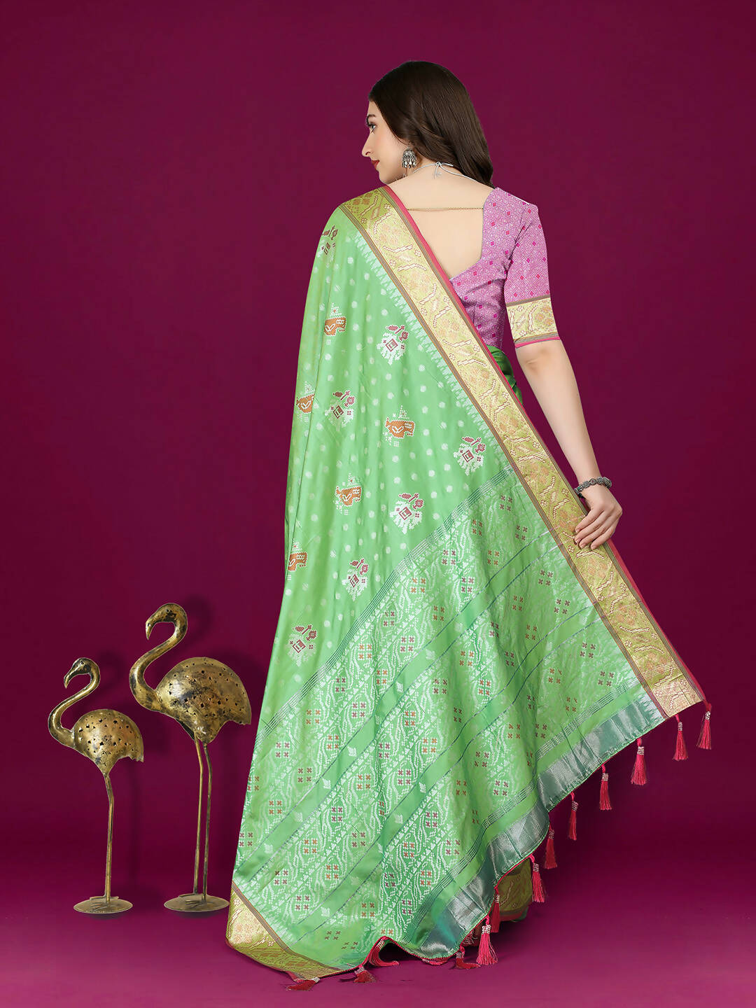 Lorenvalley Fashion Parotgreen Patola Silk Woven Design Zari Meenakari Weaving Saree - Swadesiicart