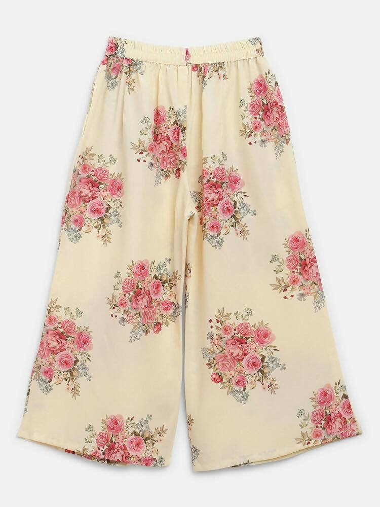 Ahalyaa Beige Crepe Floral Printed Kids Kurta Palazzo Set With Dupatta For Girls | Swadesiicart