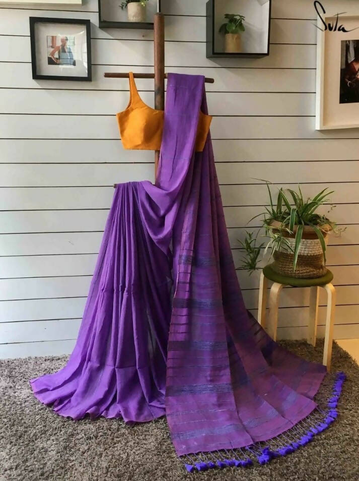 Exclusive Collection Khadi Cotton Handloom Khesh Saree With Blouse Piece - Violet - Swadesiicart
