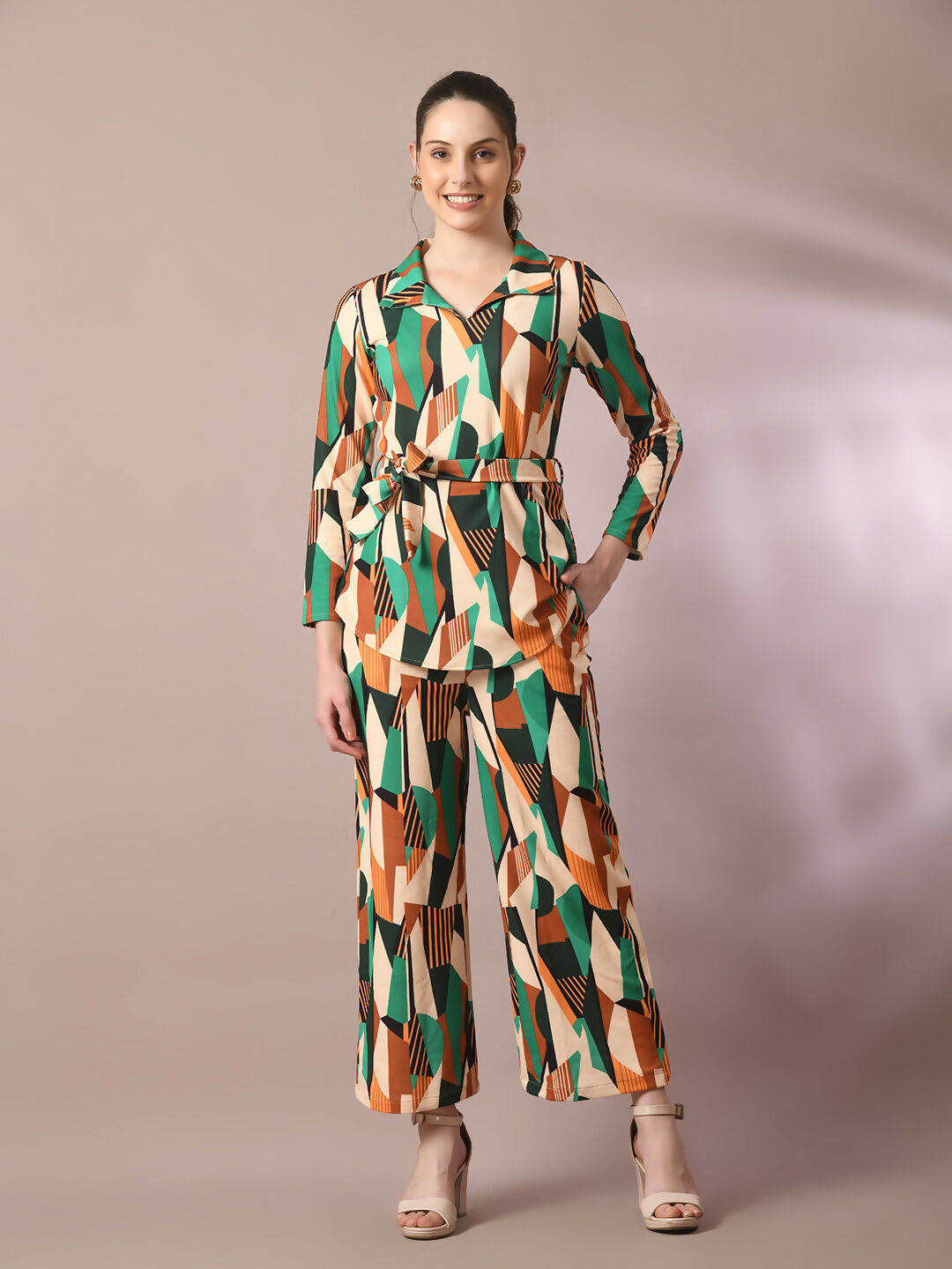 Myshka Women's Multi Printed Polo Collar Party Top With Trousers Co-ord set - Swadesiicart