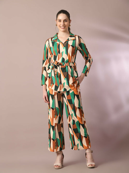 Myshka Women's Multi Printed Polo Collar Party Top With Trousers Co-ord set - Swadesiicart