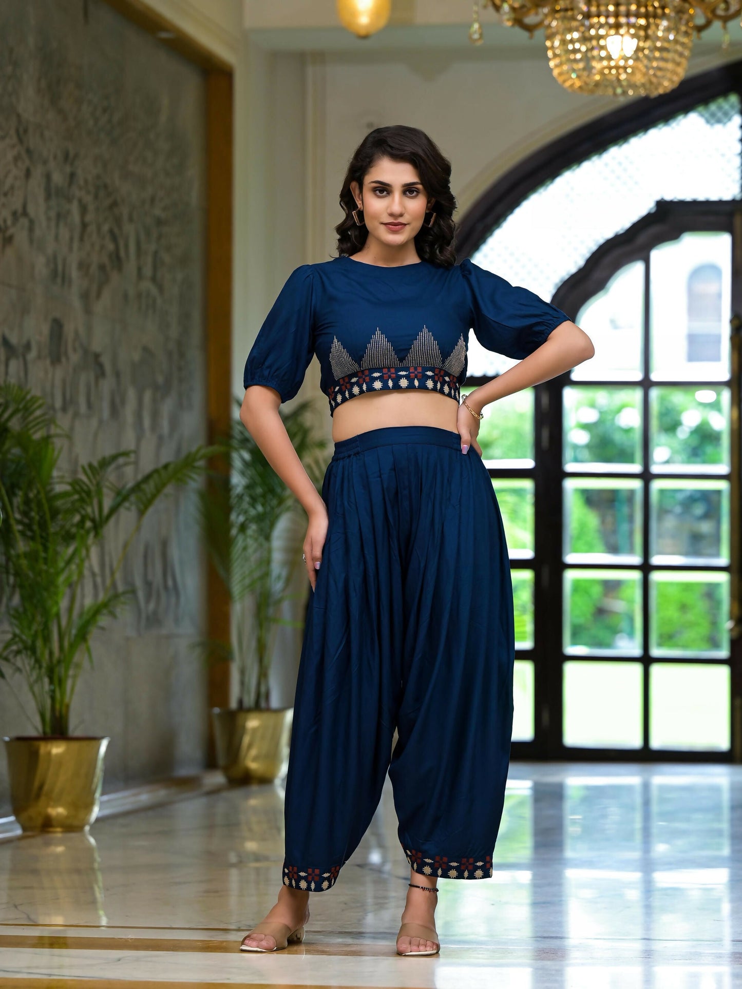 Juniper Women's Navy Thread Embroidered Rayon Top & Dhoti Pant Set - Swadesiicart