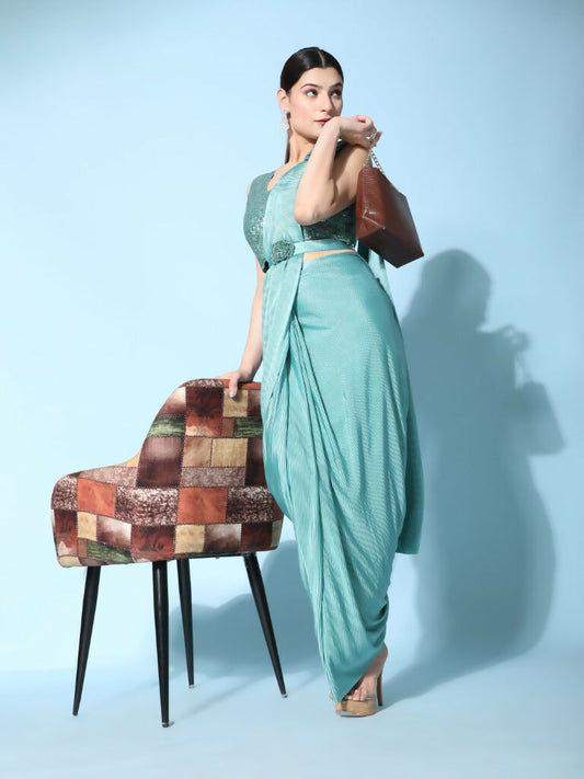 Sea Green Imported Crush Lycra Texture Pattern Ready to Wear Saree with stitched Blouse - Nirvana | Swadesiicart