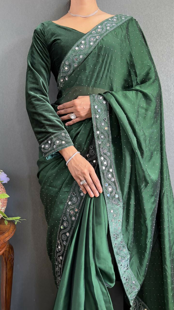 Vastranavya Green Rangoli Silk Real Mirror work with Swarovski work Ready to Wear Saree | Swadesiicart