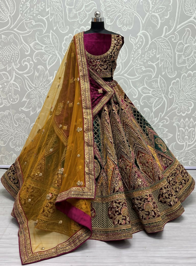 Jyoti Fashion Women's Multicolor Velvet Fancy Patch, Multi Thread Embroidered, Zircon Diamond, Sequins Work Wedding Lehenga Choli | Swadesiicart