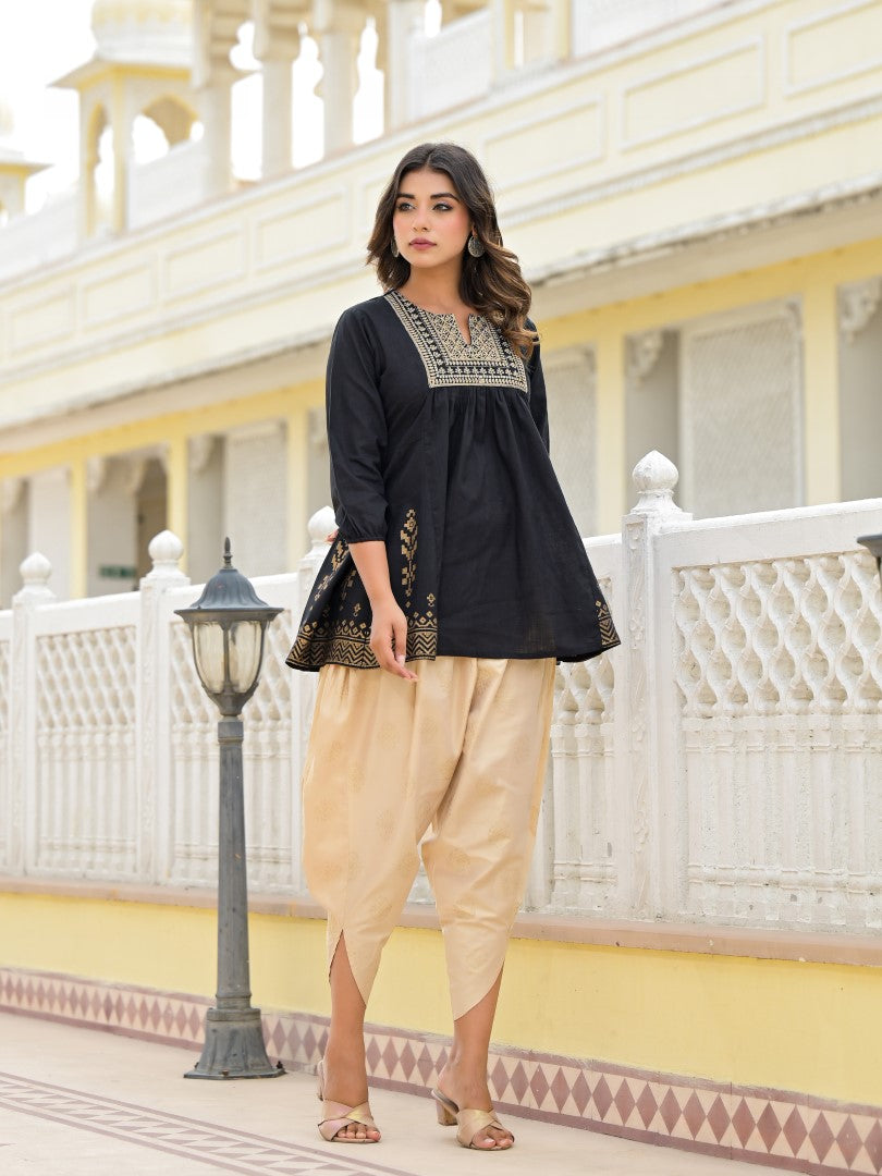 Juniper Women's Black Ethnic Motif Printed Tunic & Dhoti Pant Co-Ord Set For With Zari Embroidery - Swadesiicart