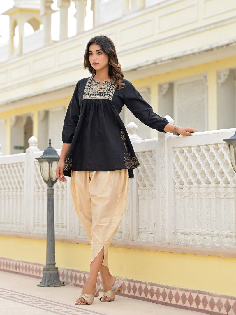 Juniper Women's Black Ethnic Motif Printed Tunic & Dhoti Pant Co-Ord Set For With Zari Embroidery - Swadesiicart