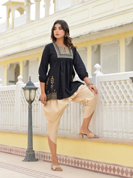 Juniper Women's Black Ethnic Motif Printed Tunic & Dhoti Pant Co-Ord Set For With Zari Embroidery - Swadesiicart