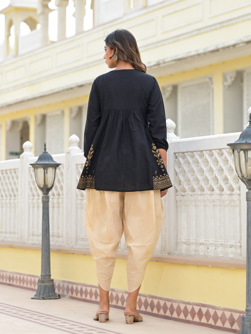 Juniper Women's Black Ethnic Motif Printed Tunic & Dhoti Pant Co-Ord Set For With Zari Embroidery - Swadesiicart