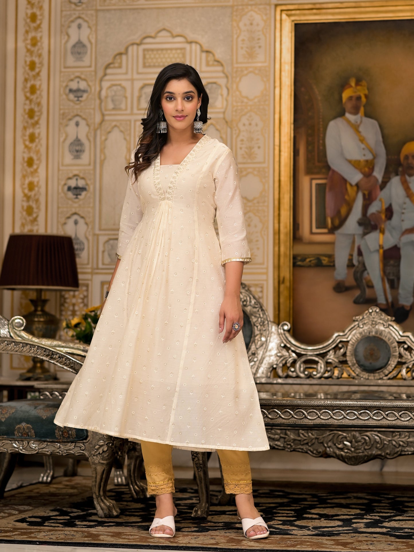 Juniper Ivory Floral Printed Chanderi Kurta With Mirror Work Embroidery - Swadesiicart