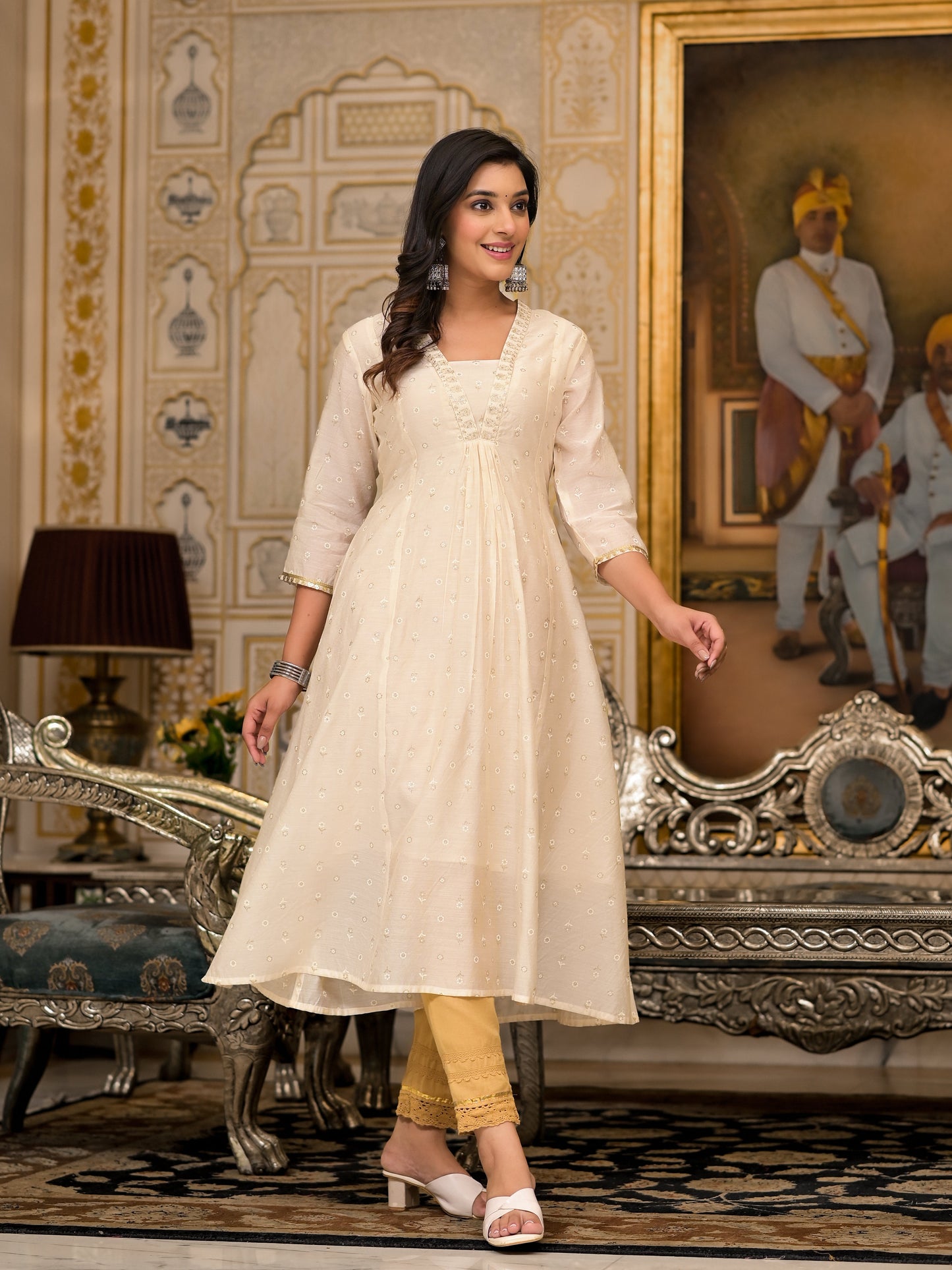Juniper Ivory Floral Printed Chanderi Kurta With Mirror Work Embroidery - Swadesiicart