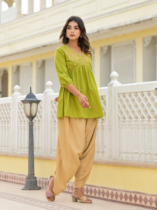Juniper Women's Gold Ethnic Motif Printed Cotton Top And Pant Co-Ord Set With Zari Work - Swadesiicart