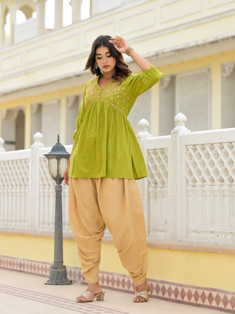 Juniper Women's Gold Ethnic Motif Printed Cotton Top And Pant Co-Ord Set With Zari Work - Swadesiicart