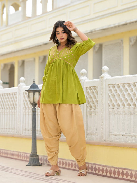 Juniper Women's Gold Ethnic Motif Printed Cotton Top And Pant Co-Ord Set With Zari Work - Swadesiicart