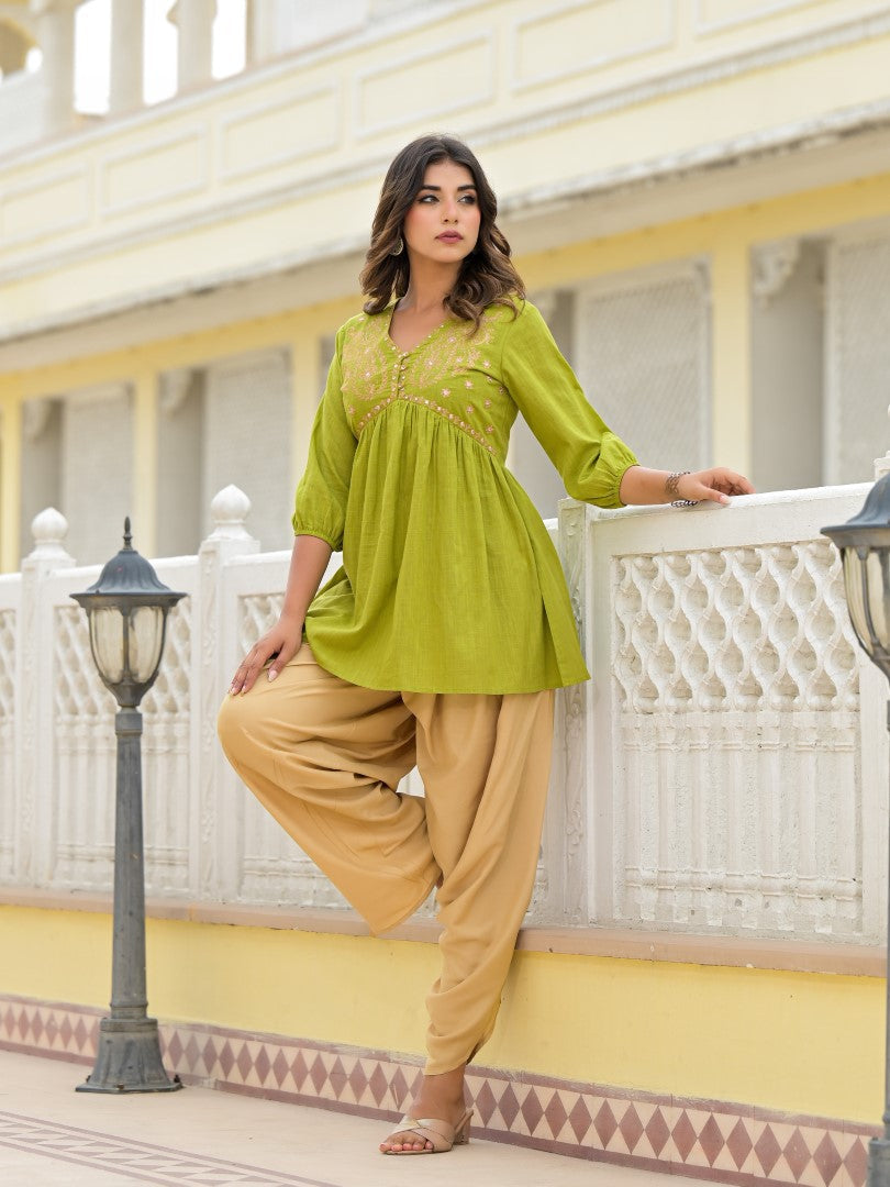 Juniper Women's Gold Ethnic Motif Printed Cotton Top And Pant Co-Ord Set With Zari Work - Swadesiicart